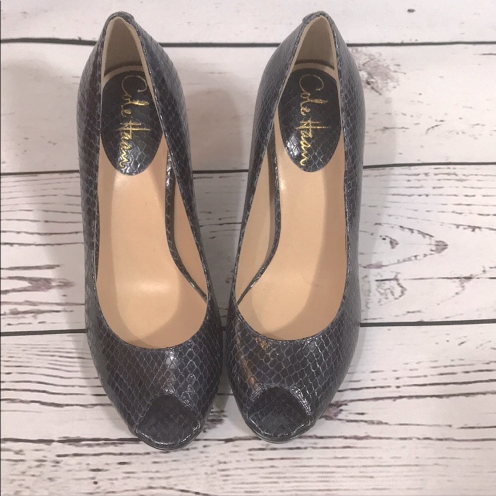 Cole Haan Navy Snakeskin Peeptoe Pumps